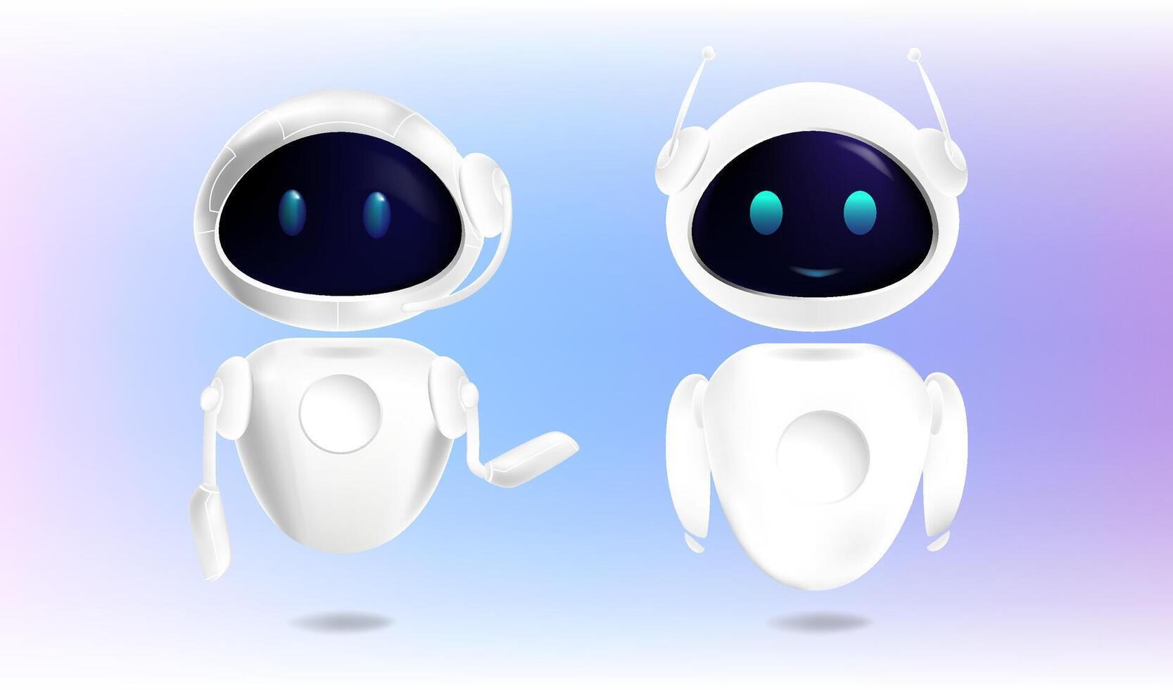 Two AI robots virtual assistants and chatbots for tasks like automation, customer support, and digital communication.Smart Virtual Assistants with Friendly Robot Design. illustration in 3D style vector