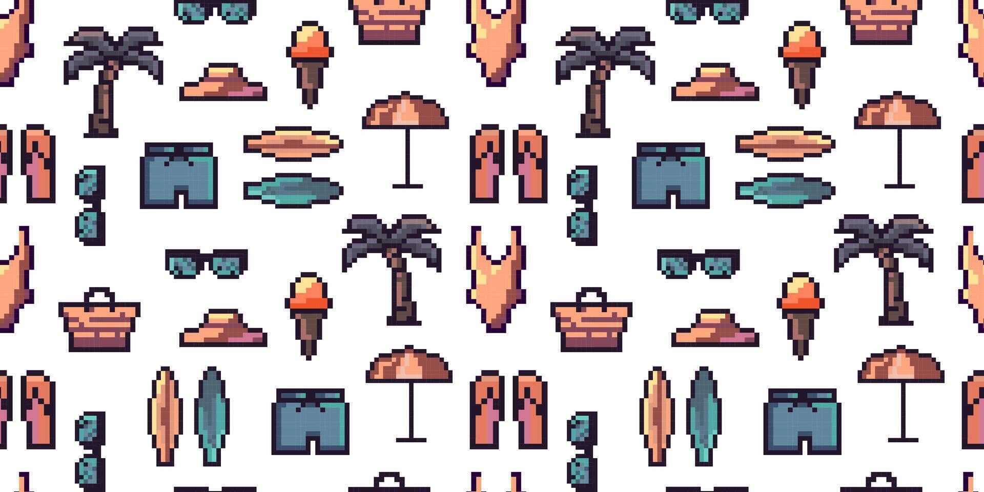 Seamless pixel art pattern beach and summer elements like palm trees, swimwear, surfboards, ice cream, umbrellas, sunglasses,flip flops in retro 8 bit style.Retro Pixel Vacation Icon Elements. vector