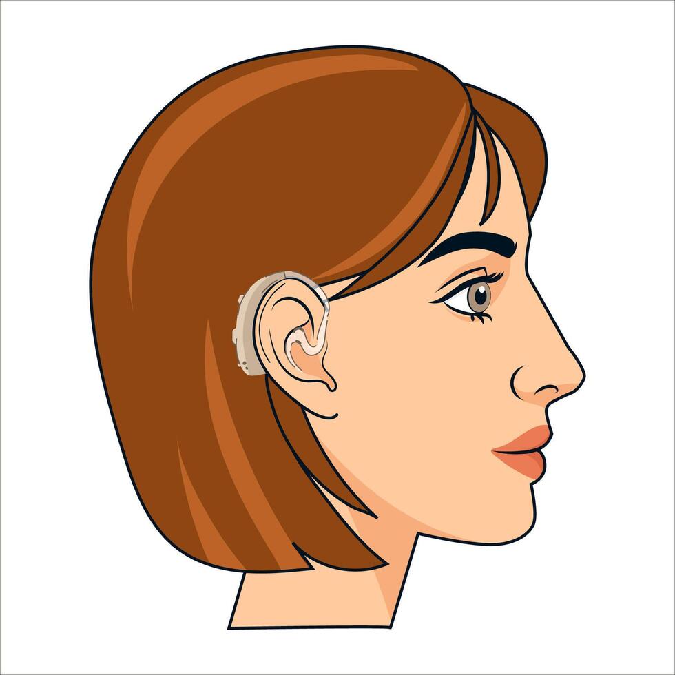 Woman Wearing Hearing Aid Device Side View illustration. Woman in profile view wearing a behind the ear hearing aid suitable for medical brochures audiology websites hearing loss awareness vector
