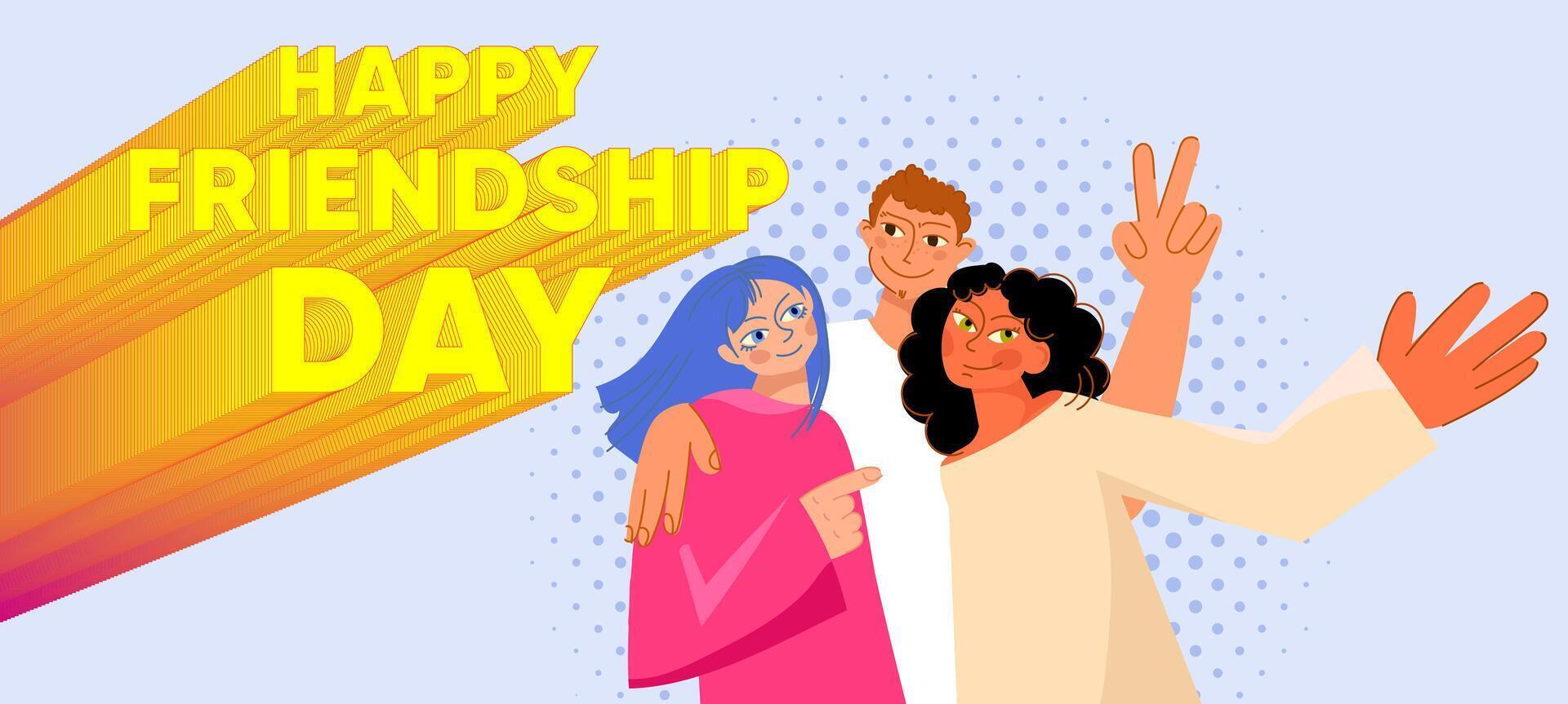 Diverse group of cheerful young friends celebrating Friendship Day in a vibrant modern design. The scene conveys themes of unity, inclusivity, human connection, social values. vector