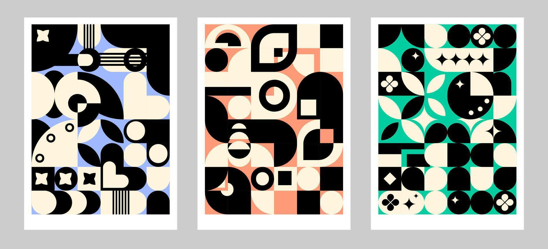 Modern Abstract Geometric Poster Set.Set of abstract geometric posters with bold shapes, curved lines, and color blocking in black, cream. Mid Century Modern Layouts.Colorful Retro Geometry Art vector