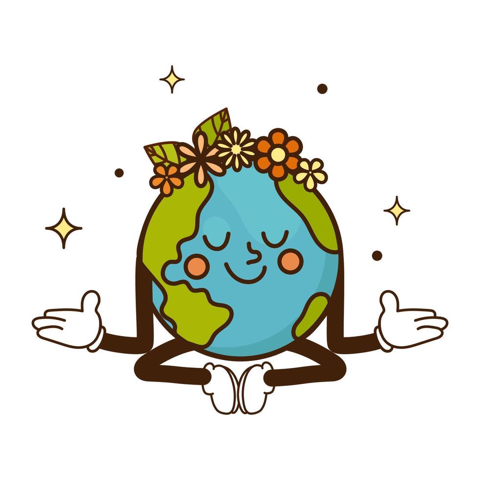 Earth character in a meditative yoga pose and peaceful smile, surrounded by stars and sparkles, perfect for eco friendly designs, Earth Day , wellness content, and environmental . illustration vector