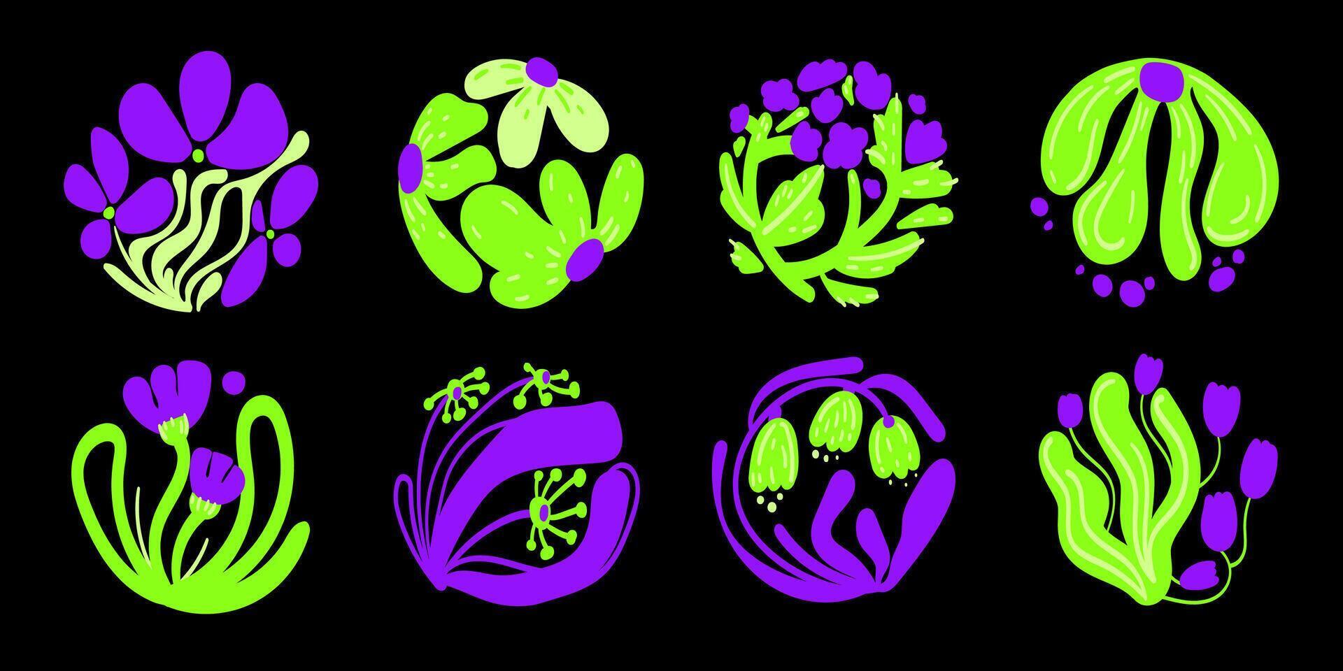 Set of abstract floral elements in bright purple and green tones on a black background featuring modern stylized plant and flower shapes.Bright Botanical Elements in Modern Style. illustration vector