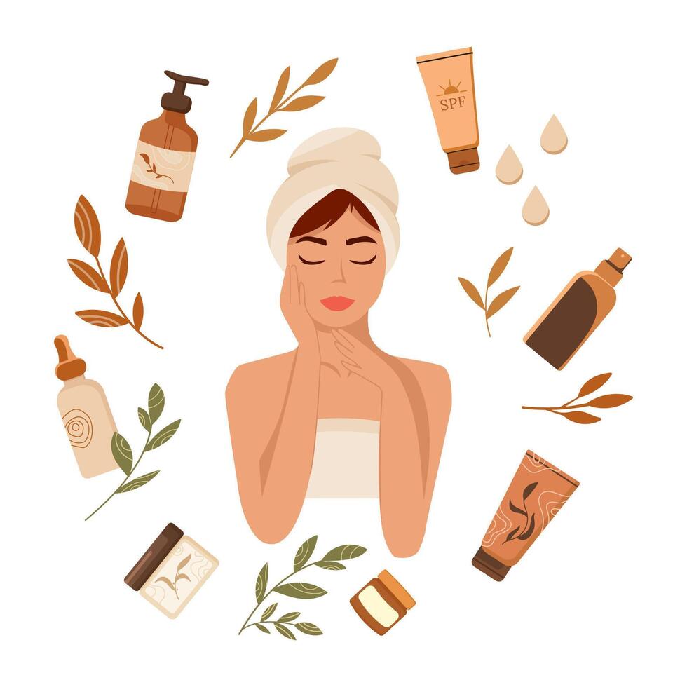 Skincare Routine with Woman and Cosmetic Products. Woman with towel surrounded by skincare products creams, oils, SPF, natural leaves representing a self care and beauty routine vector