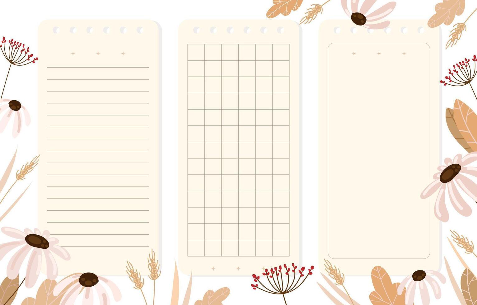 Notepad paper templates with lined grid and blank pages set decorated with soft floral elements ideal for planners journals scrapbooking digital stationery printables and bullet journal layouts vector