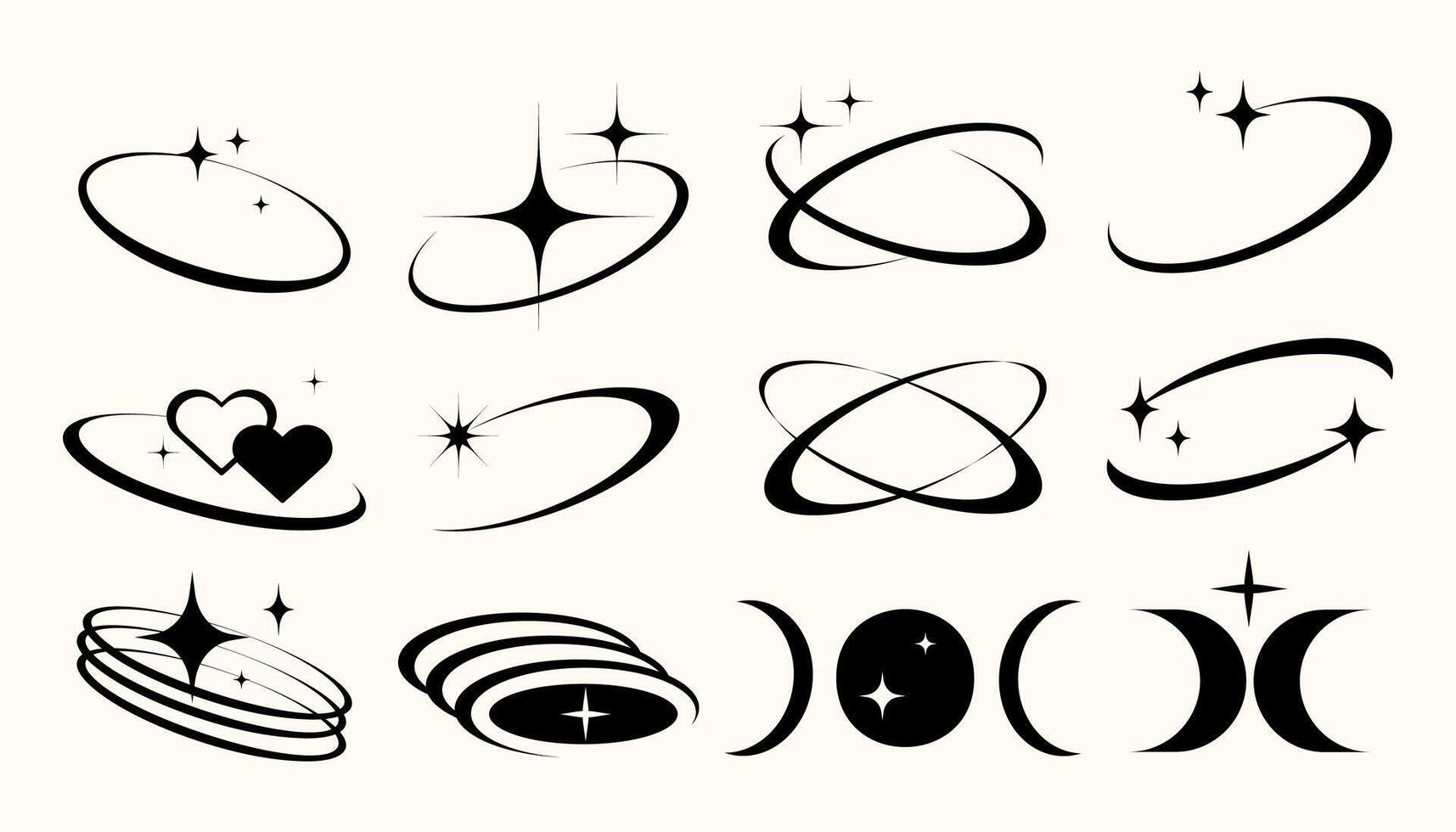 Y2K style starbursts sparkles and orbit shapes with a retro futuristic aesthetic ideal for digital collages social media layouts fashion prints web graphics branding and stickers. Elements Set vector
