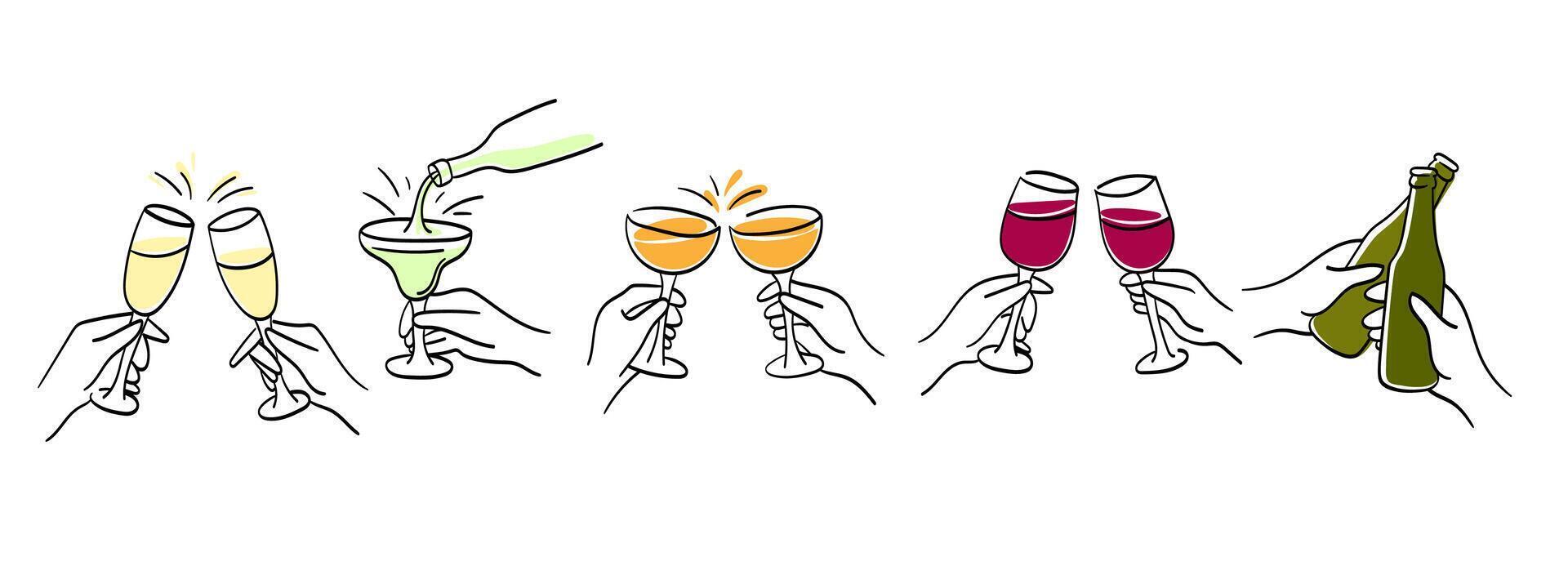 Hands clinking glasses with champagne, wine, and cocktails in various celebratory toasts Minimalist line art , for party invitations, bar menus, event branding, and festive design projects. set vector