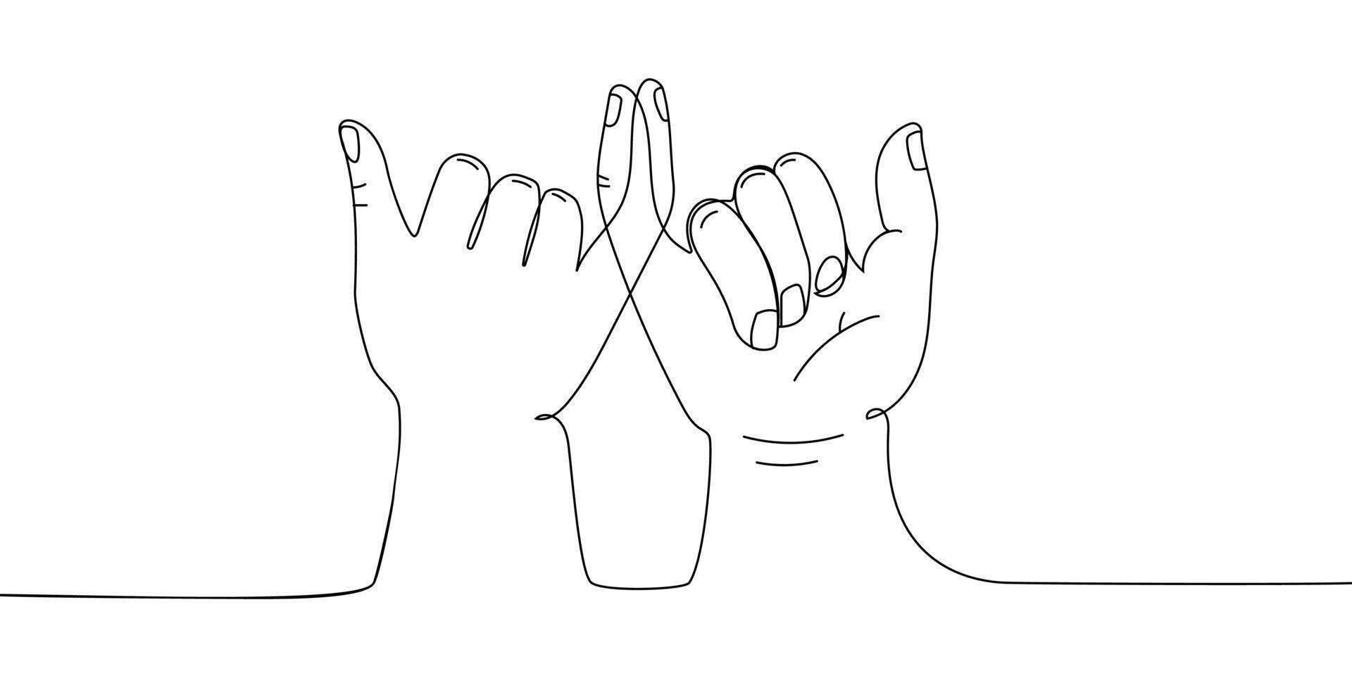 One Line Drawing of Pinky Promise Gesture.Friendship and Trust Concept with Linked Pinky Fingers Minimalist drawing design trust, friendship, loyalty, and emotional connection modern art style. vector