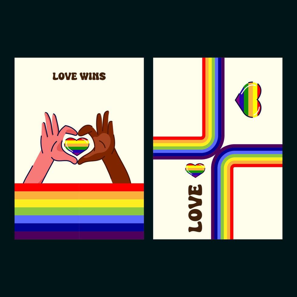 Pride Love Wins Poster set with Rainbow Heart and Hands. illustration LGBTQ pride designs with rainbow stripes, heart shapes, and interracial hands forming a heart with love and equality themes vector