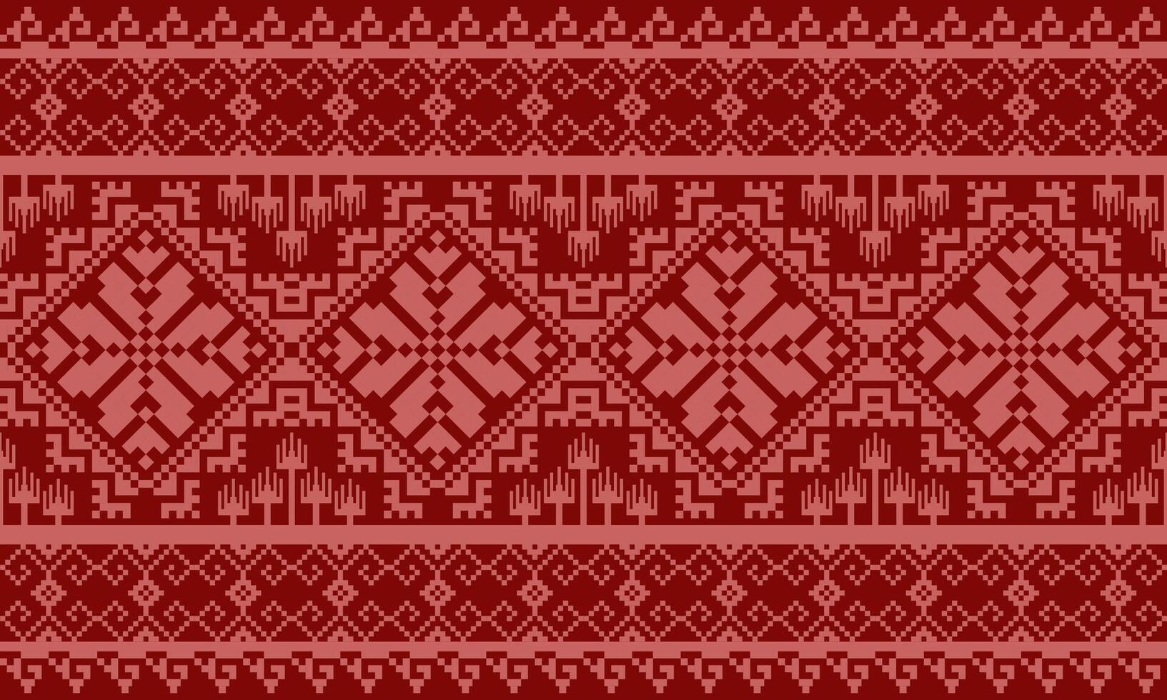 a detailed pattern composed of pixel designs with light red flowers on dark red background , design for fabric or various pattern printing works. vector