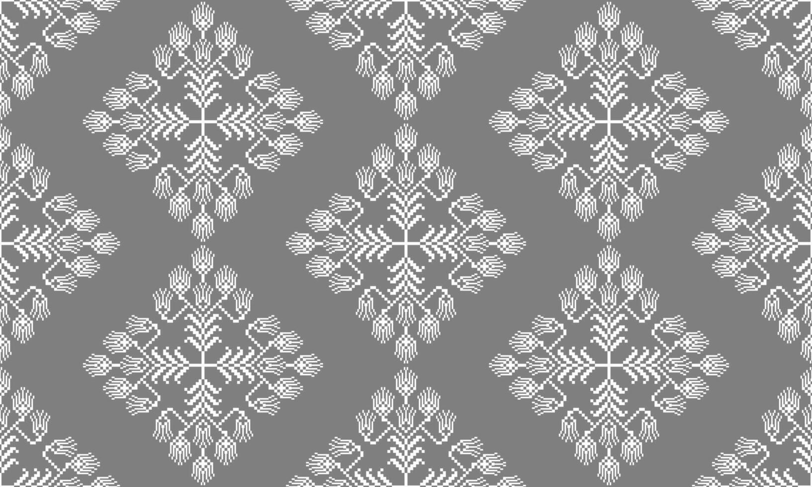 a detailed pattern composed of pixel designs with white flowers on gray background , design for fabric or various pattern printing works. vector