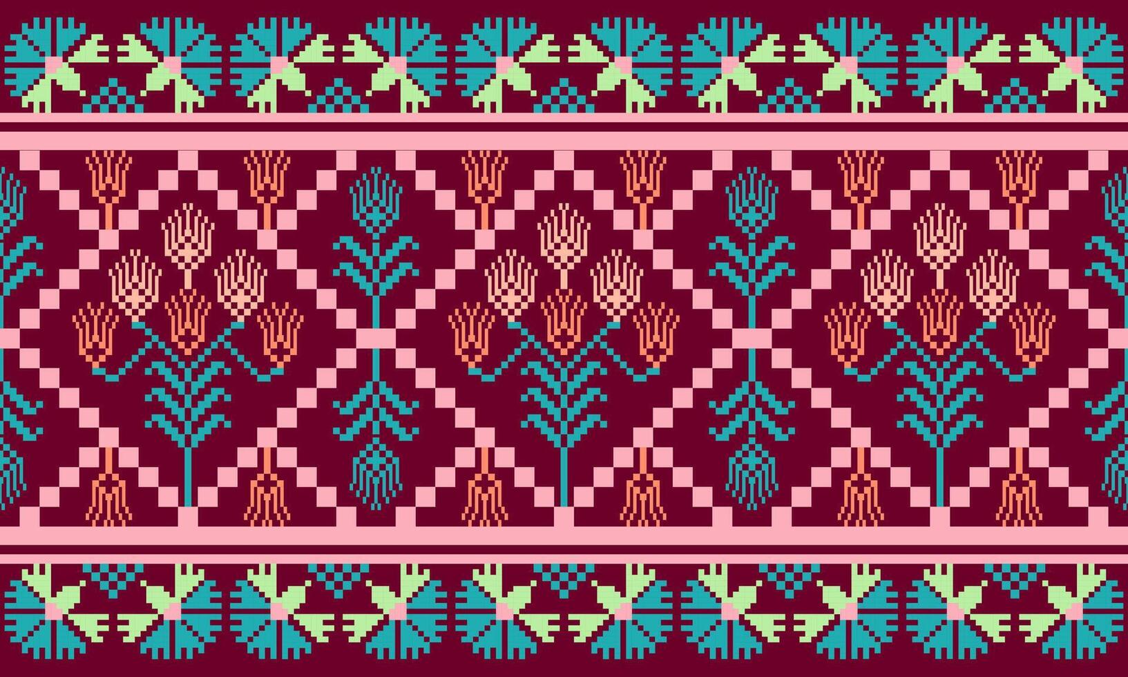 a detailed pattern composed of pixel designs with pink and orange flowers on dark red background , design for fabric or various pattern printing works. vector