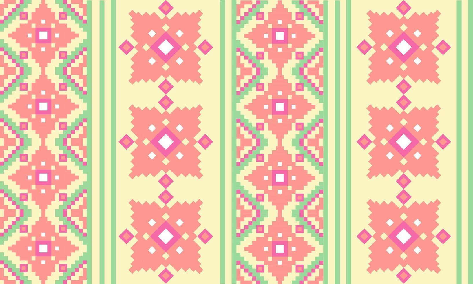 a detailed pattern composed of pixel designs with light pink flowers and green pastel on yellow background , design for fabric or various pattern printing works. vector