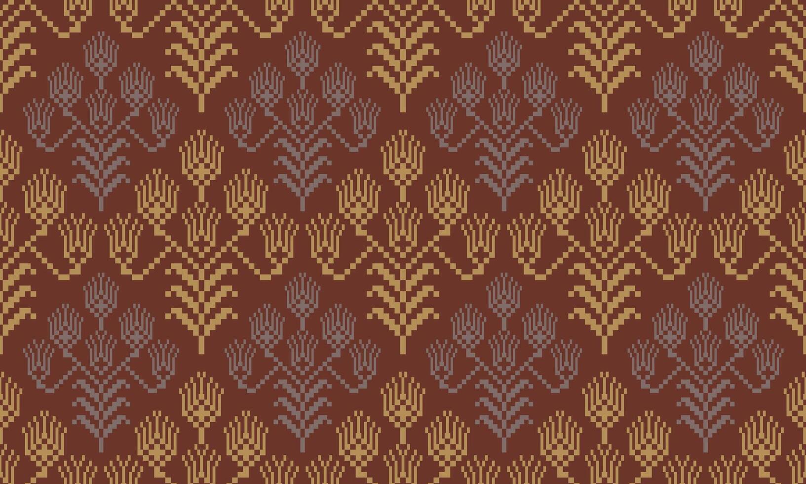a detailed pattern composed of pixel designs with dark yellow flowers on dark brown background , design for fabric or various pattern printing works. vector