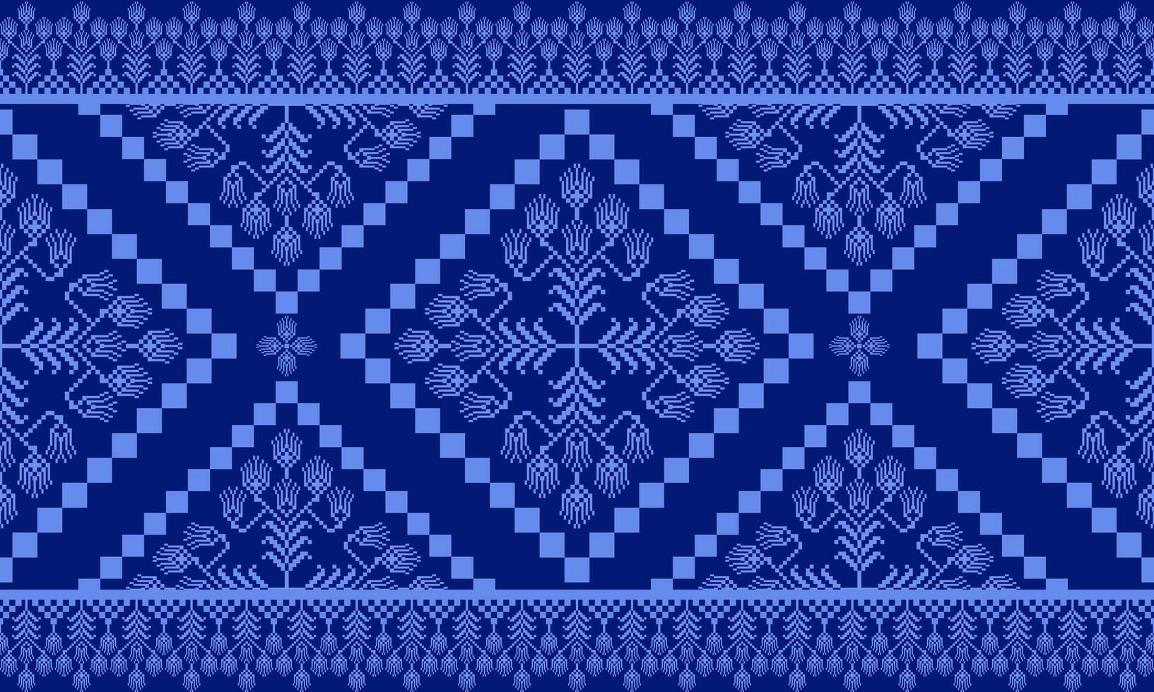 a detailed pattern composed of pixel designs with light blue flowers on dark blue background , design for fabric or various pattern printing works. vector