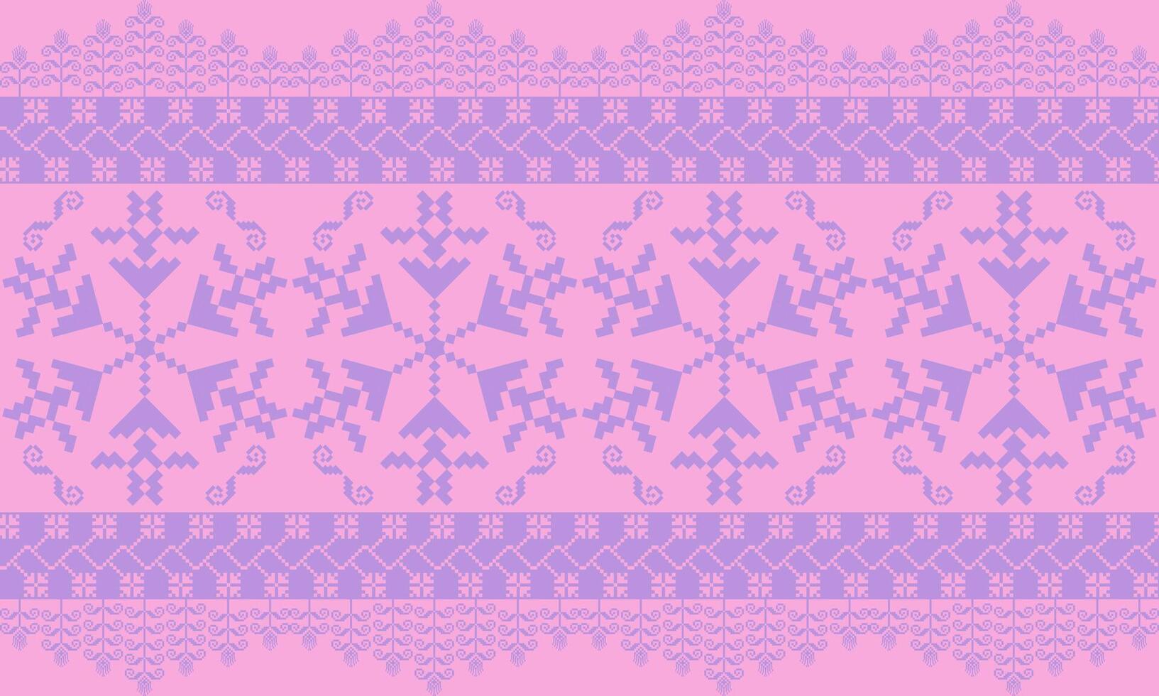 a detailed pattern composed of pixel designs with purple pastels flowers on pink pastels background , design for fabric or various pattern printing works. vector
