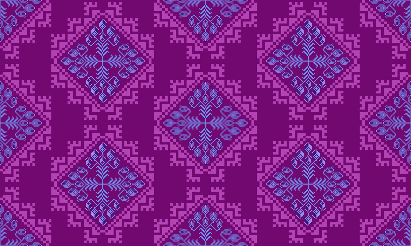a detailed pattern composed of pixel designs with light blue flowers and light purple on dark purple background , design for fabric or various pattern printing works. vector