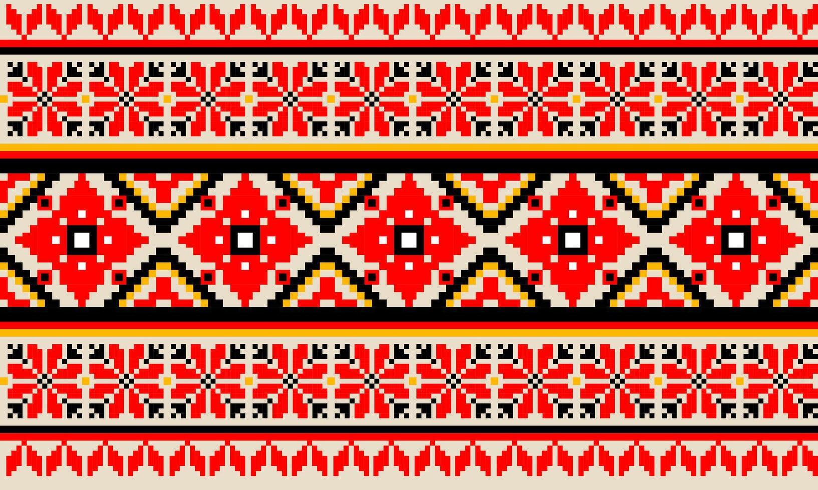 a detailed pattern composed of pixel designs with red flowers and black square on light yellow background , design for fabric or various pattern printing works. vector