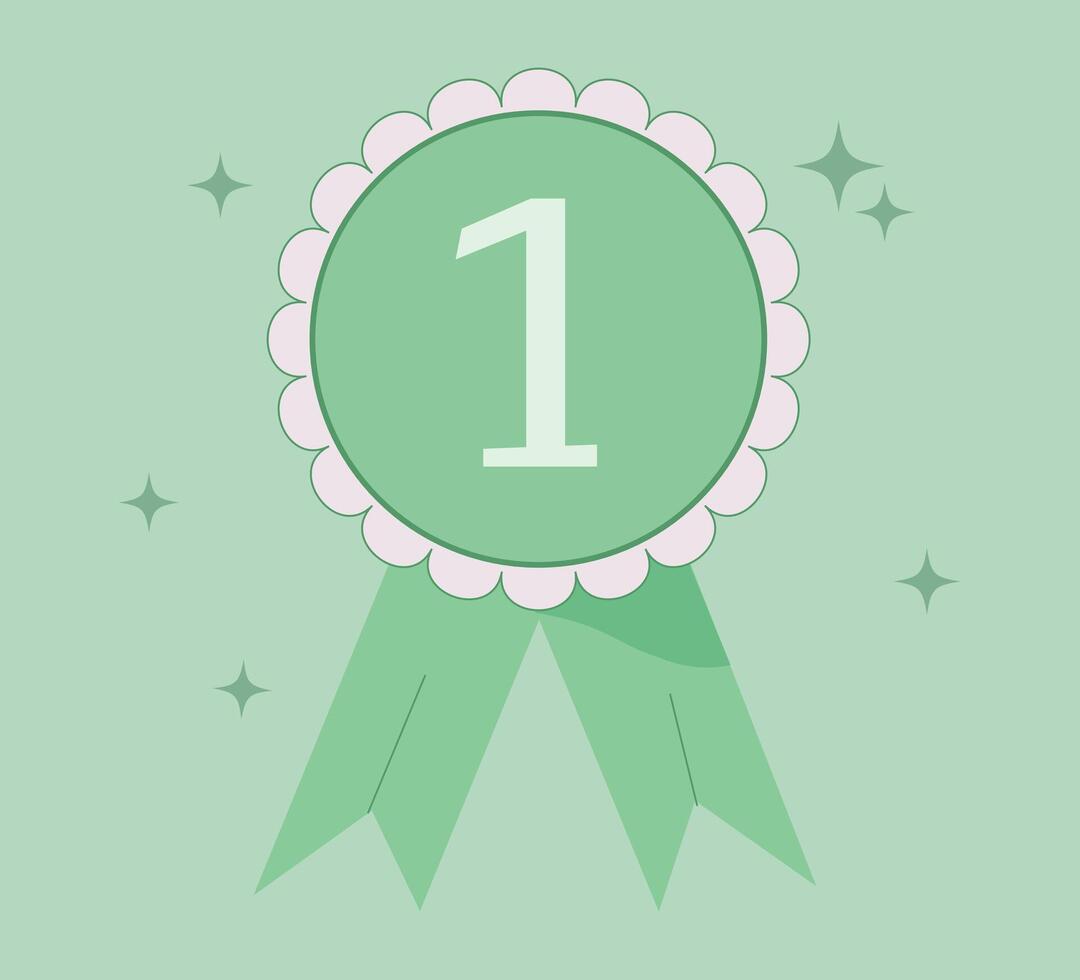 illustration of a first place badge with a number one in the center. Award ribbon in flat style on a light background with sparkling stars. Perfect for achievements, contests, and rewards. vector