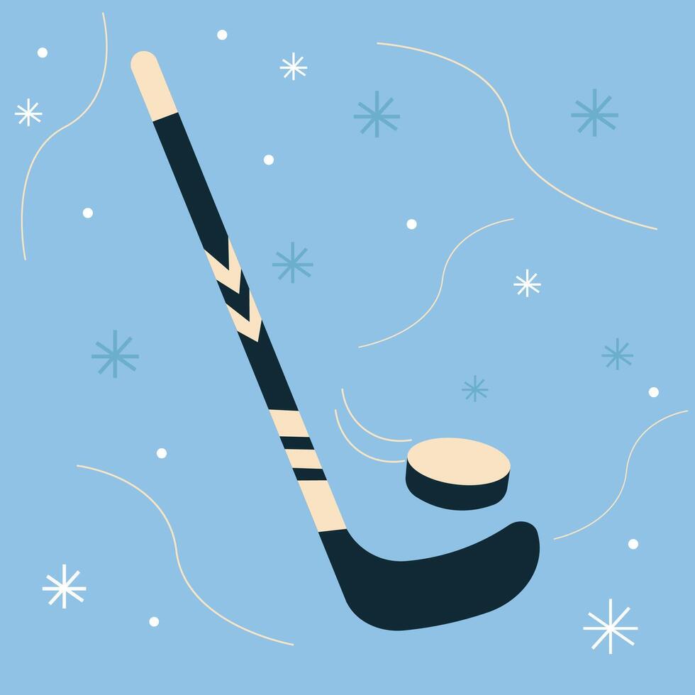 Hockey Stick and Puck on Icy Blue Background with Snowflakes vector