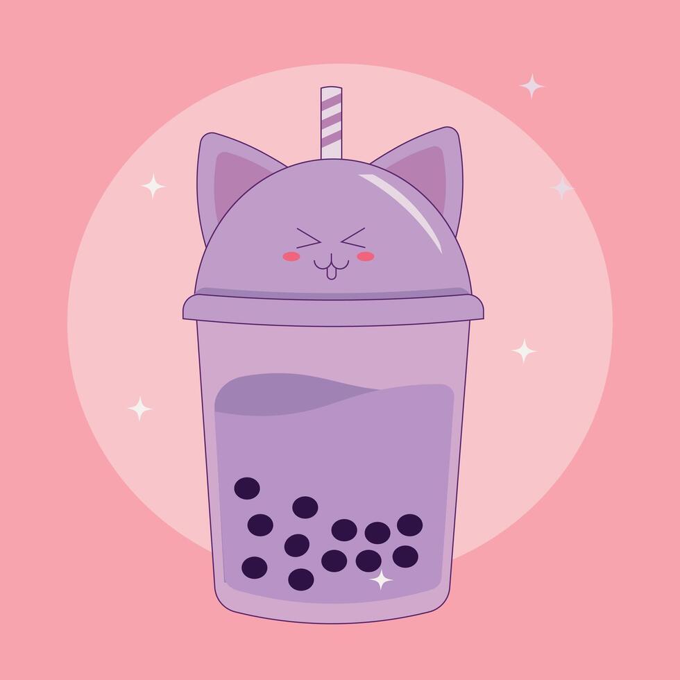 Adorable kawaii bubble tea in pastel purple with a cute cat face and sparkly stars. vector