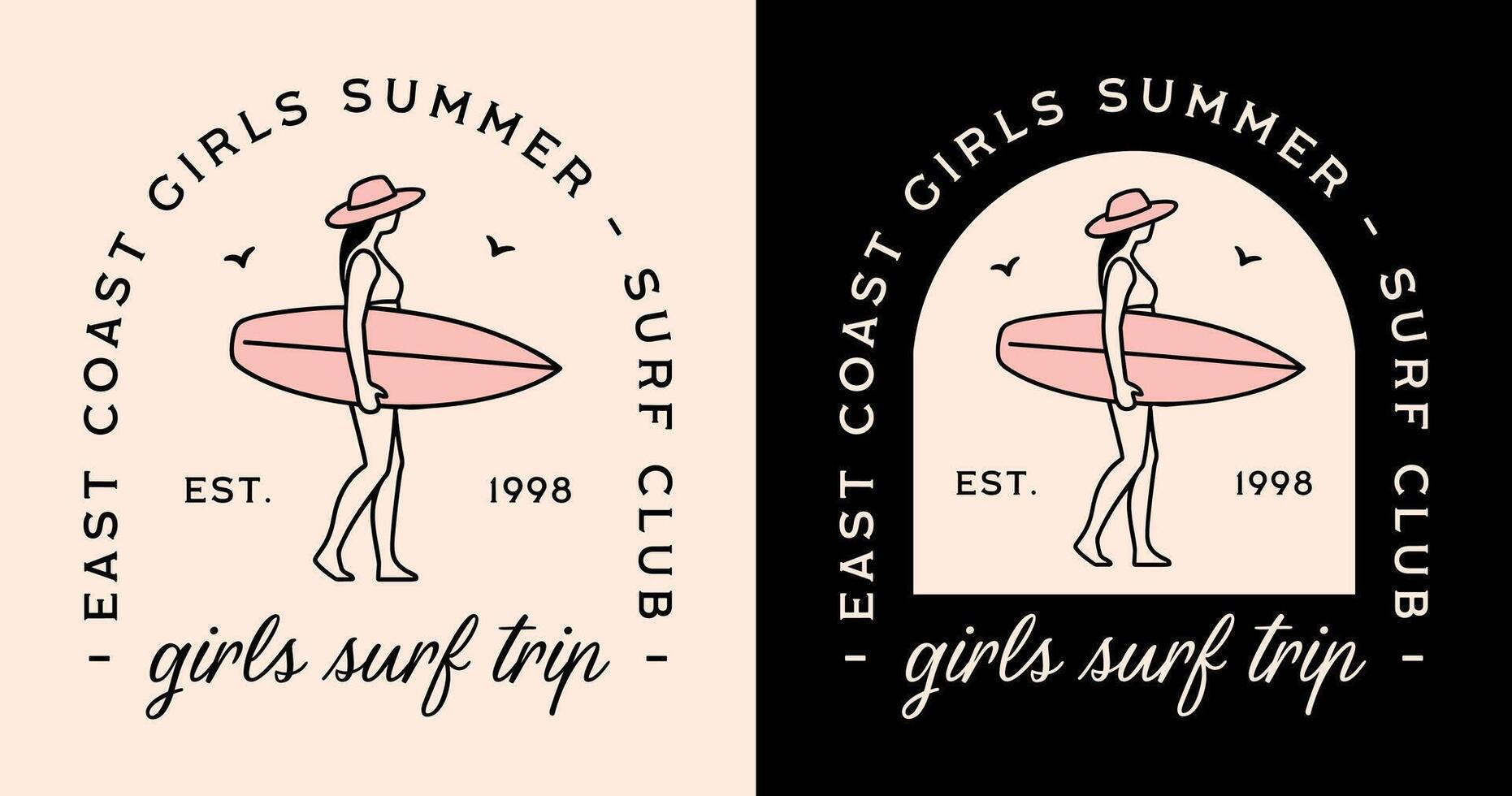 Girls surf trip east coast summer aesthetic coastal holidays beach surfing lovers badge retro vintage girly surfer quotes printable besties shirt design black and pink illustration poster print vector