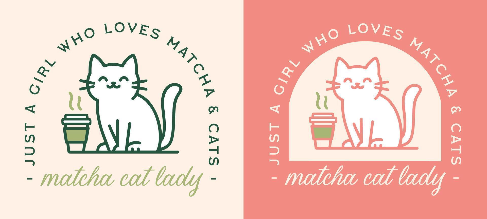 Cat mom lady just a girl who loves matcha and cats kitten pet animal tea latte lover funny quotes women shirt design cute retro vintage girly green pink aesthetic illustration printable poster print vector