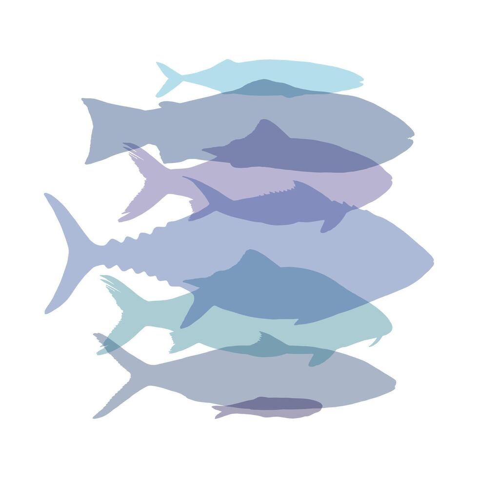 illustration of fish silhouettes in blue and purple. Simple abstract shapes of tuna, herring, and trout swimming in one direction. For seafood designs, marine decor, and nature themed prints vector