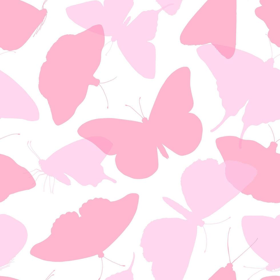 Seamless pastel pink butterfly pattern in soft silhouette style. Whimsical illustration with light, airy shapes perfect for baby prints, girly textiles, and spring themed decorations vector