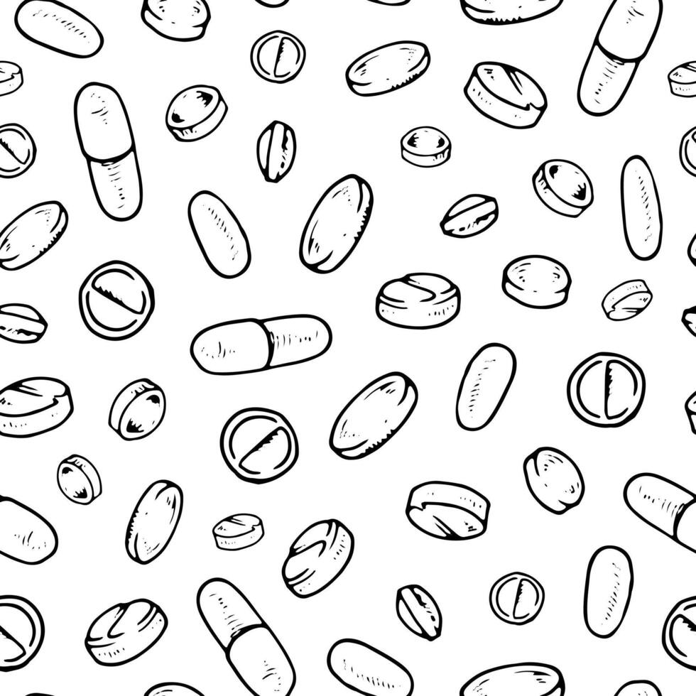 Seamless pattern of pills, capsules, and tablets in black and white. Hand drawn line art with vintage medical and pharmaceutical elements. Ideal for healthcare themed textiles and packaging vector