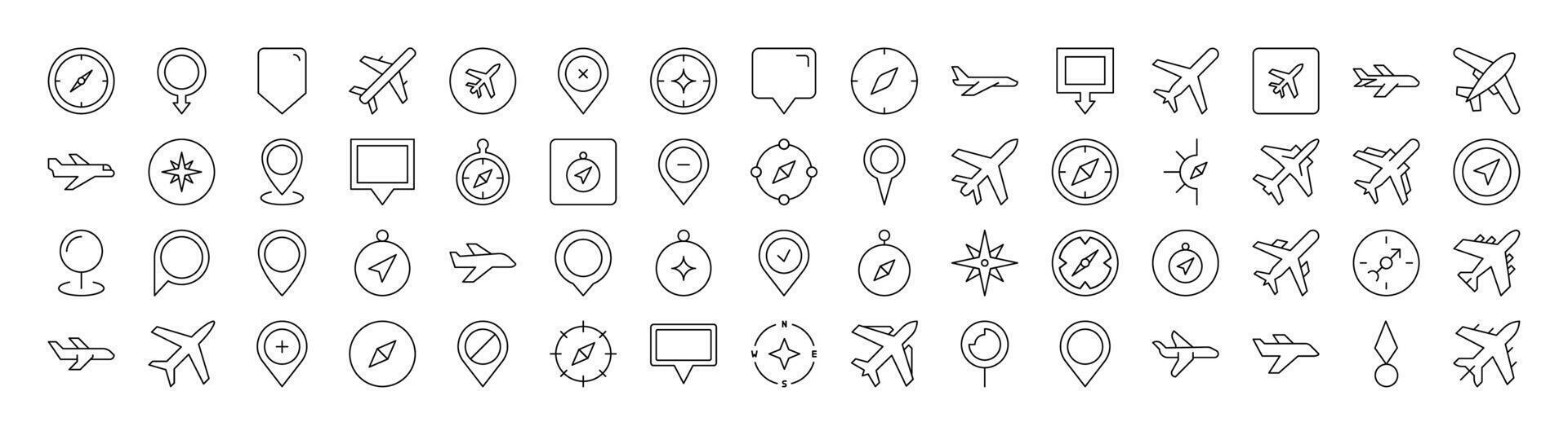 Plane, Map Pin, Compass Line Icon Pack. Outline Signs for Graphic and Web Design, Apps, Adverts, Various Cards vector