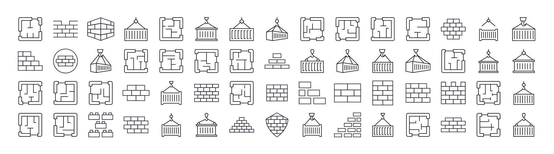 Brick Wall, Floor Plan, Building Line Icon Set. Outline Signs for Graphic and Web Design, Apps, Adverts, Various Cards vector