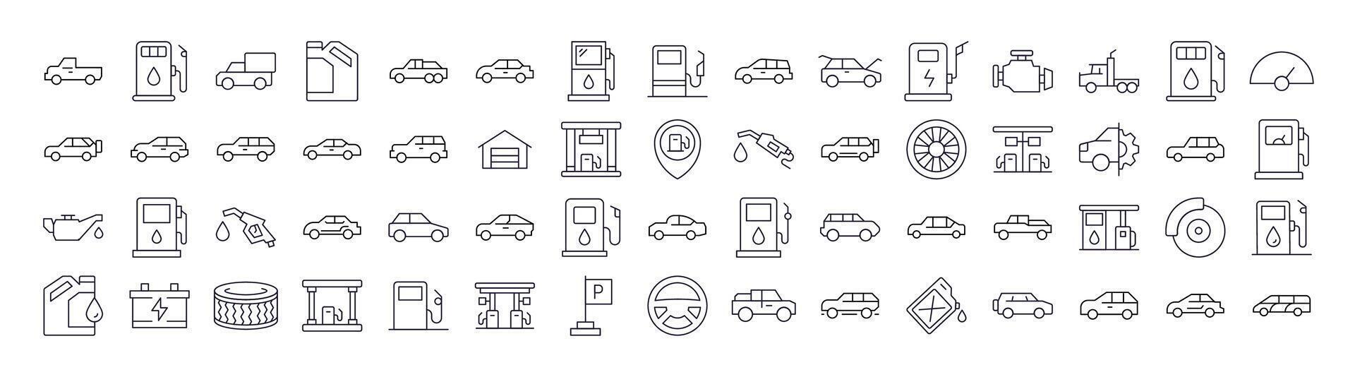 Car, Gas Station, Road Thin Line Icon Set. Outline Signs for Graphic and Web Design, Apps, Adverts, Various Cards vector