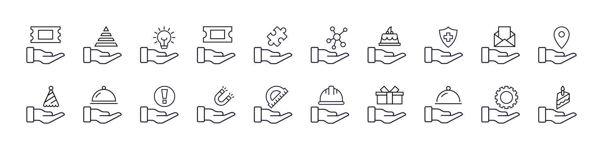 Helmet, Food, Mail etc on Hand Thin Line Icon Set. Outline Signs for Graphic and Web Design, Apps, Adverts, Various Cards vector