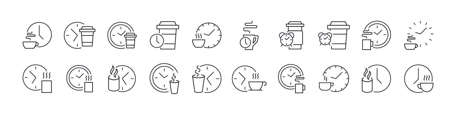 Set of Coffee Break Related Line Icons. Coffee and Clock Outline Signs for Graphic and Web Design, Apps, Adverts, Various Cards vector