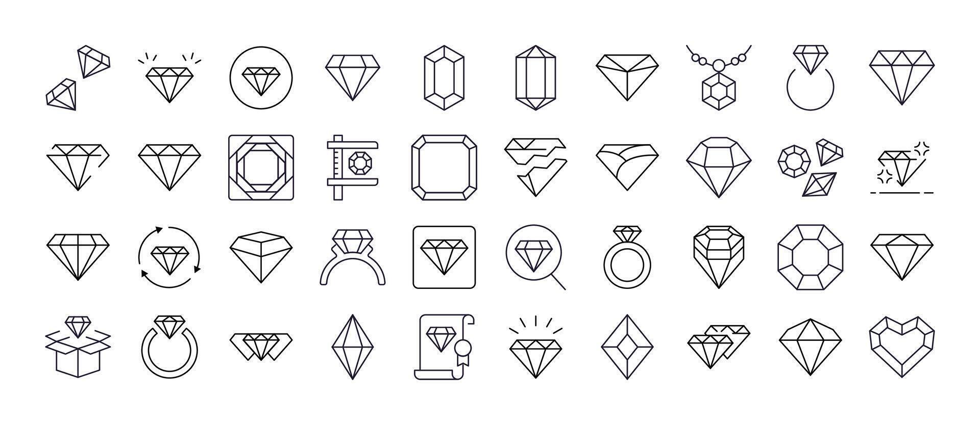 Jewelry Line Icon Collection. Diamond and Gem Outline Signs for Graphic and Web Design, Apps, Adverts, Various Cards vector
