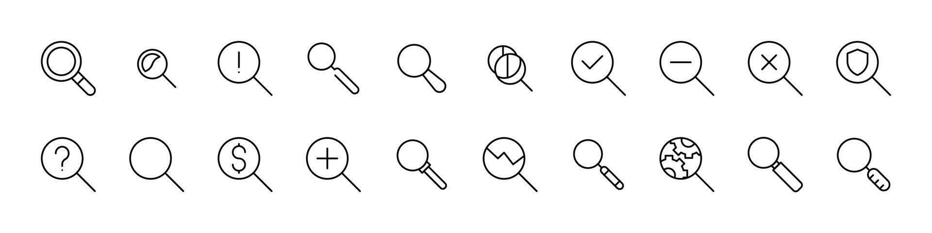 Magnifying Glass Line Icon Set. Minimalistic Linear Pictogram for Web and Graphic Design, Apps, Banners, Social Network and Cards vector