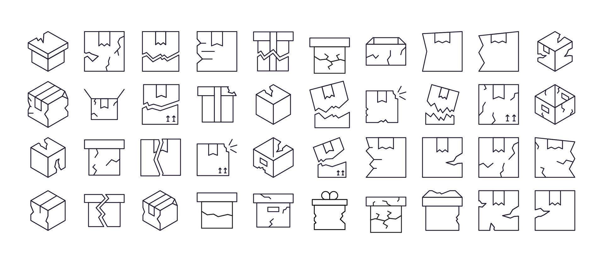 Set of Broken Box Related Line Icons. Outline Signs for Graphic and Web Design, Apps, Adverts, Various Cards vector