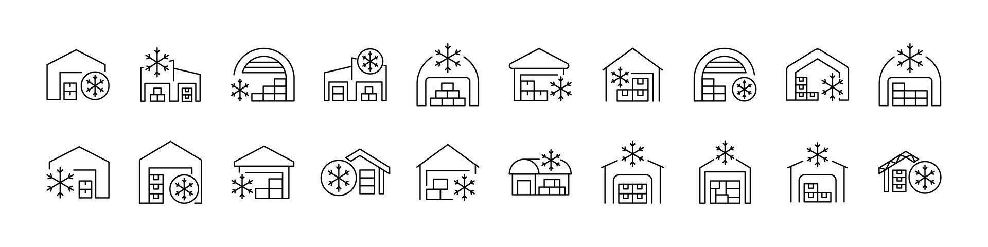 Freezer Warehouse Line Icon Set. Outline Signs for Graphic and Web Design, Apps, Adverts, Various Cards vector