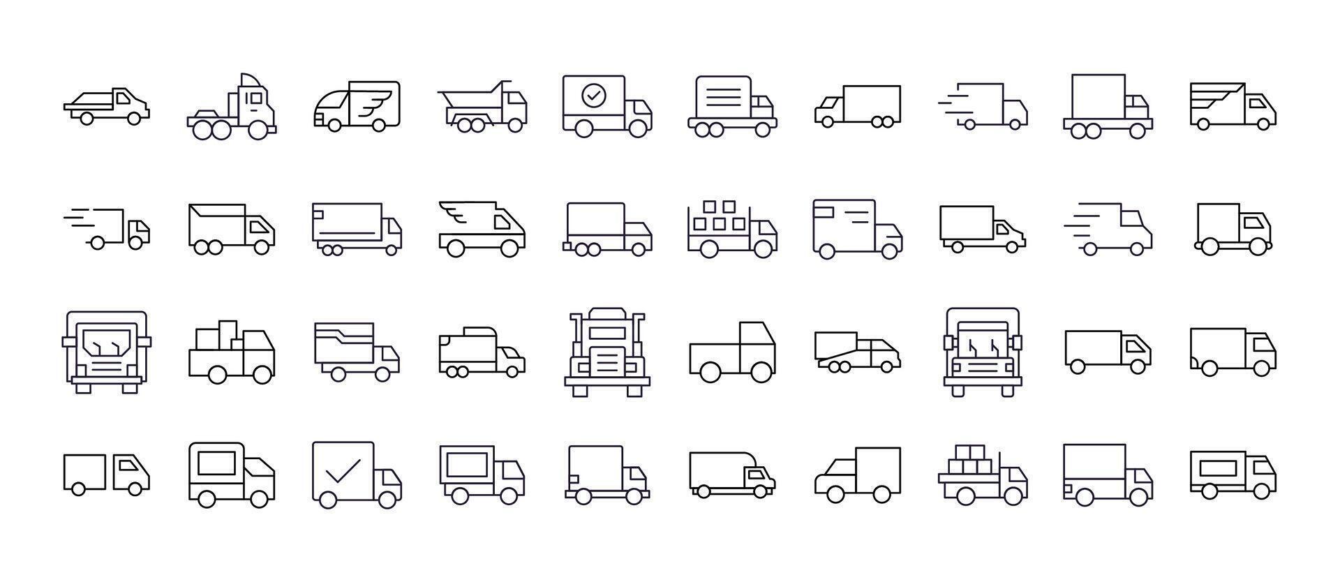 Van and Truck Line Icon Bundle. Outline Signs for Graphic and Web Design, Apps, Adverts, Various Cards vector