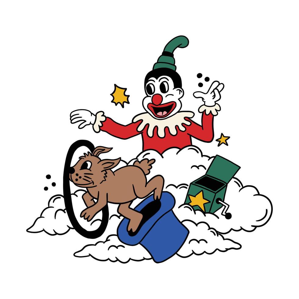 magic clown retro cartoon character illustration vector