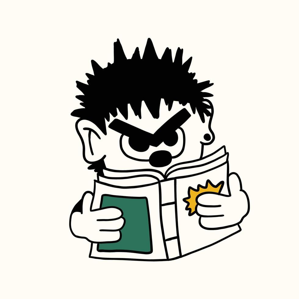 cute character reading book retro illustration vector