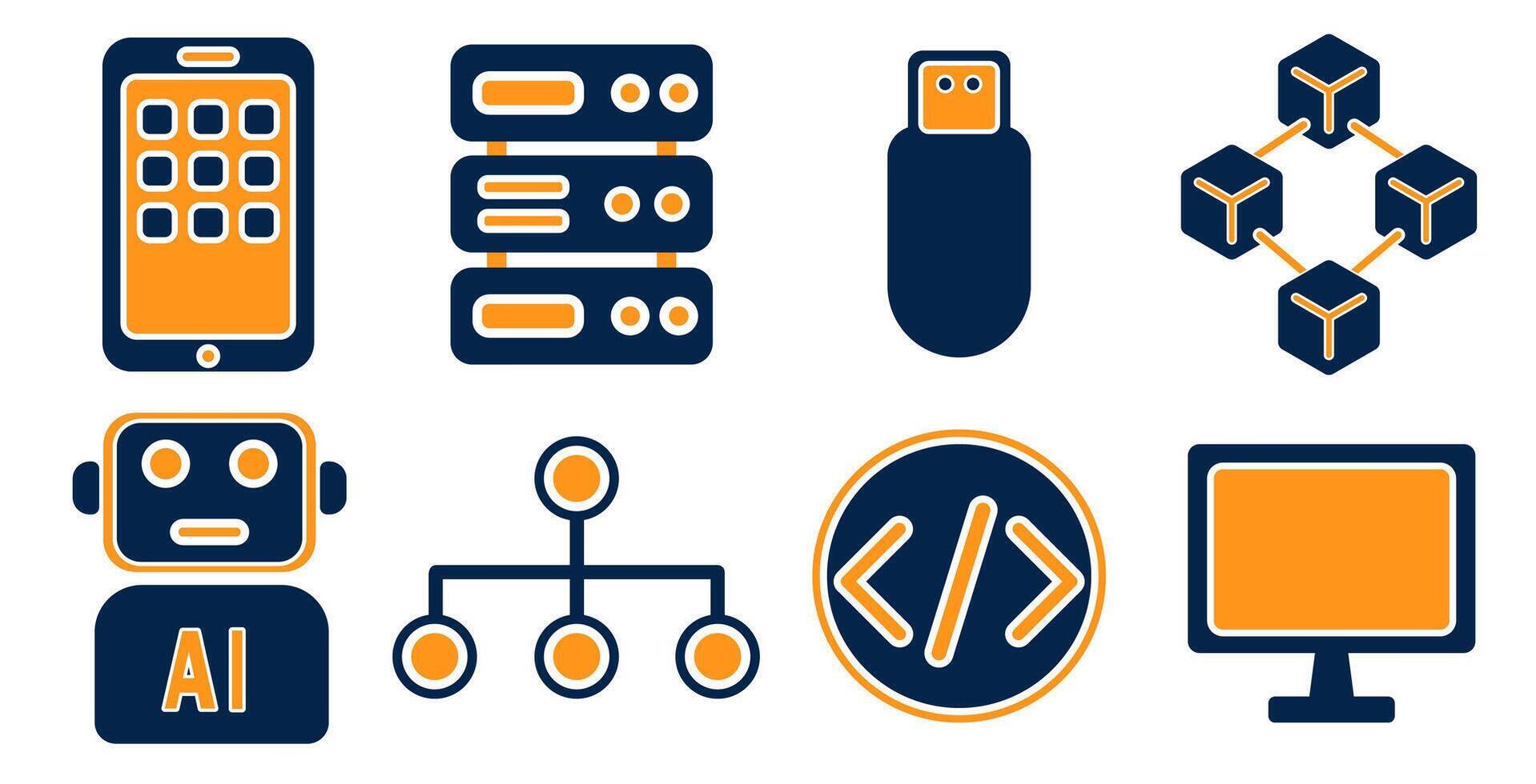Technology and Digital System Icon Set, AI, Coding, Blockchain, and Server Network vector