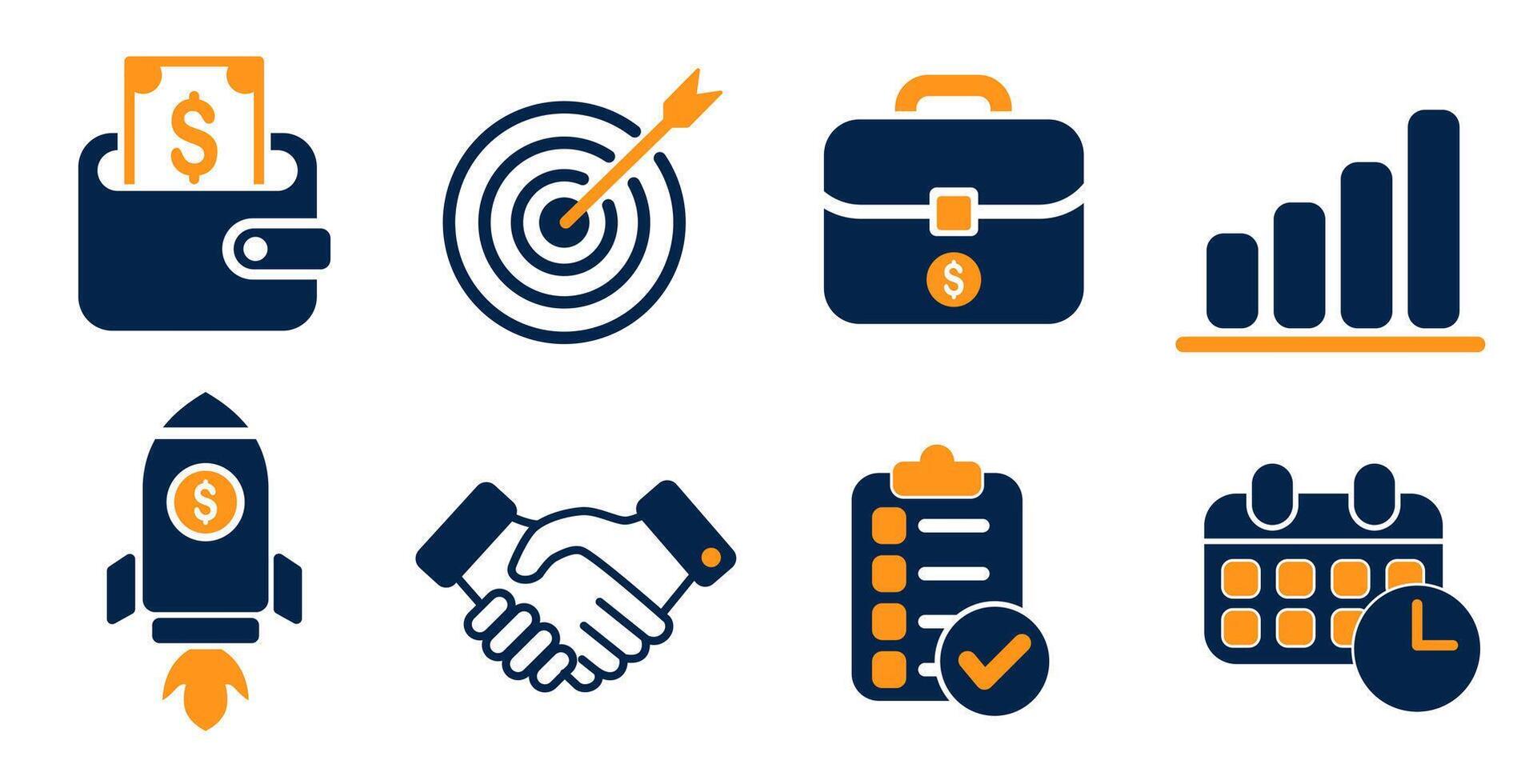 Business and Finance Icon Set in Flat Pictogram Style Wallet, Rocket, Calendar, Growth Chart, Target vector