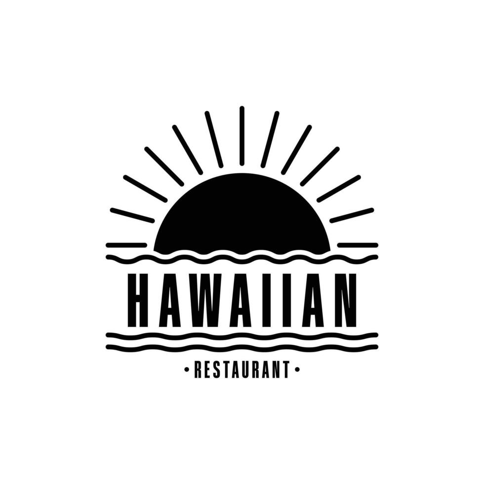 hawaiian restaurant logo design concept with sunset and waves vector