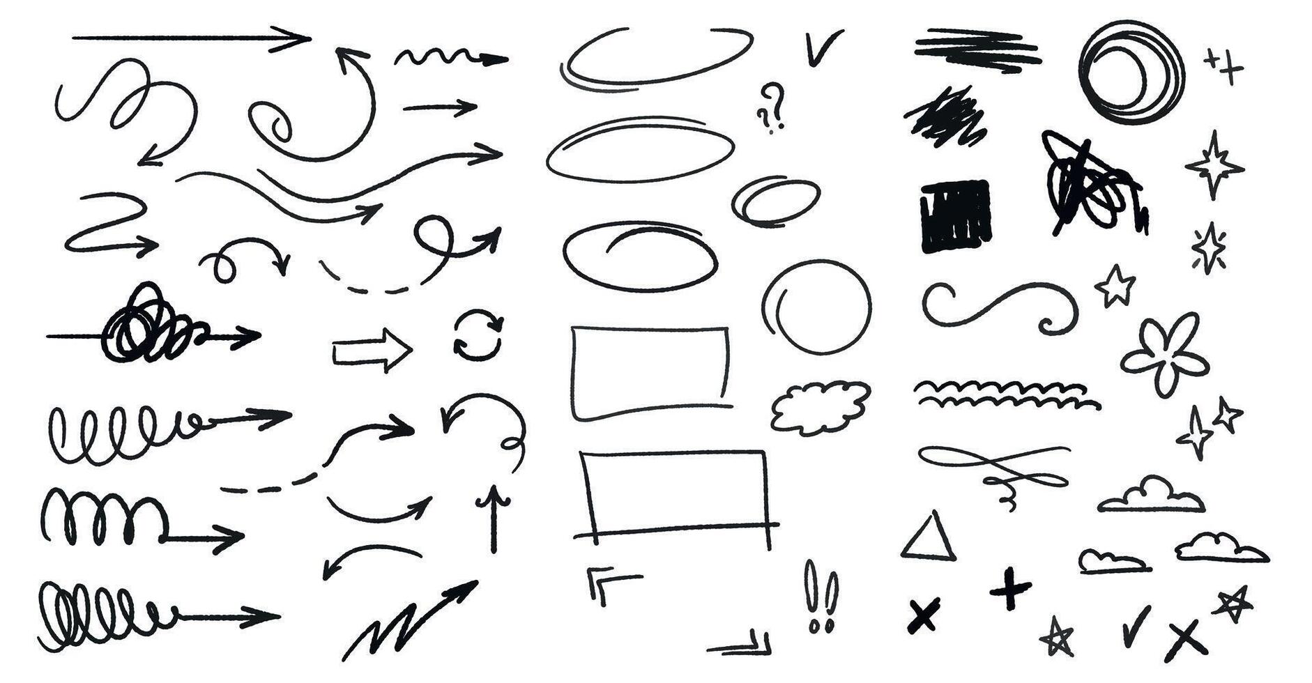 Hand-drawn chalk-style clipart set with arrows, checkmarks, doodles, question marks, stars, frames, and sketchy lines. Great for notes, school projects, presentations, planners, and scrapbooking. vector