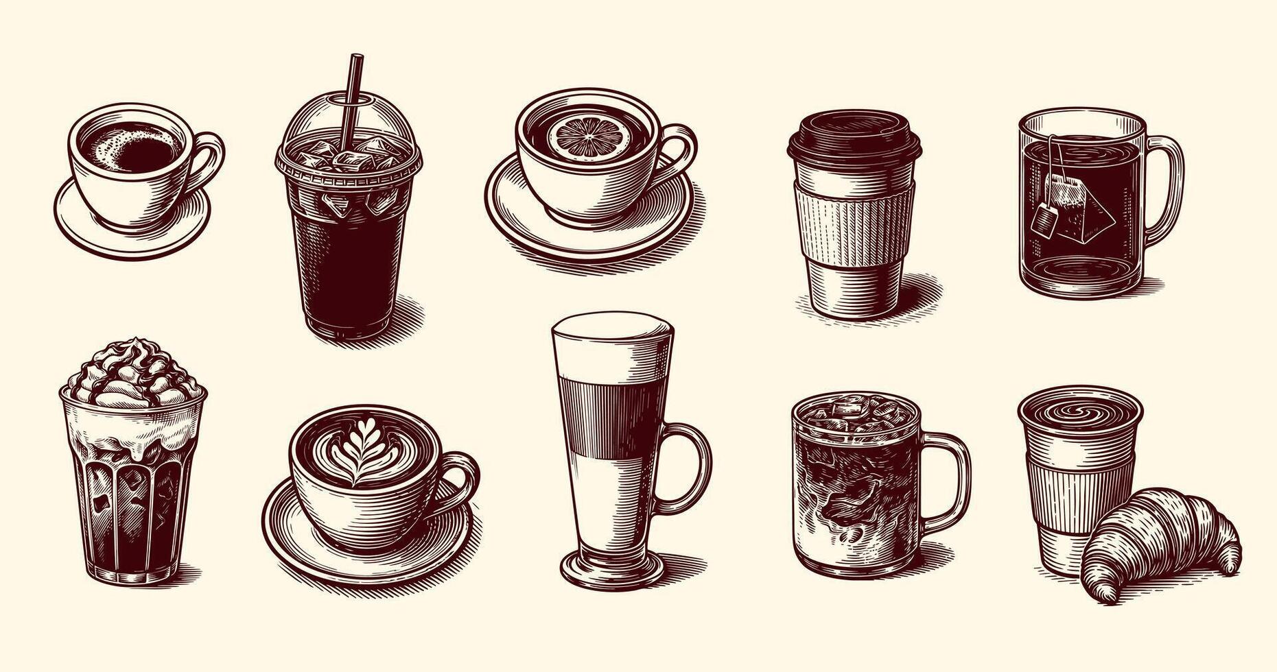 Hand drawn vintage coffee drinks and cafe elements set in engraved ink style. Trendy espresso, latte, iced coffee, tea and pastry illustrations vector