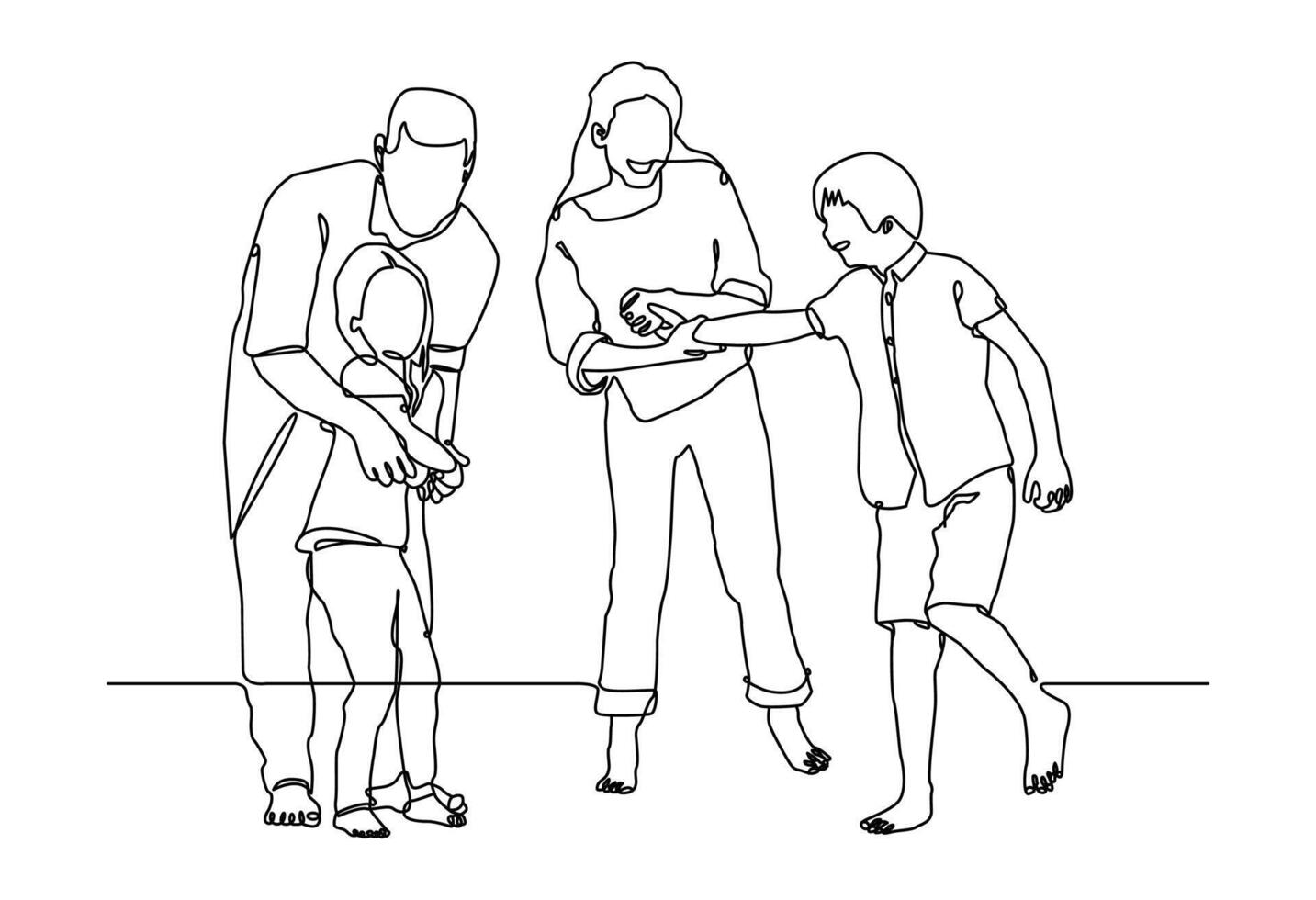 An elegant and minimalist one-line illustration depicting a family in a warm and connected pose. One continuous line to represent unity and love. vector