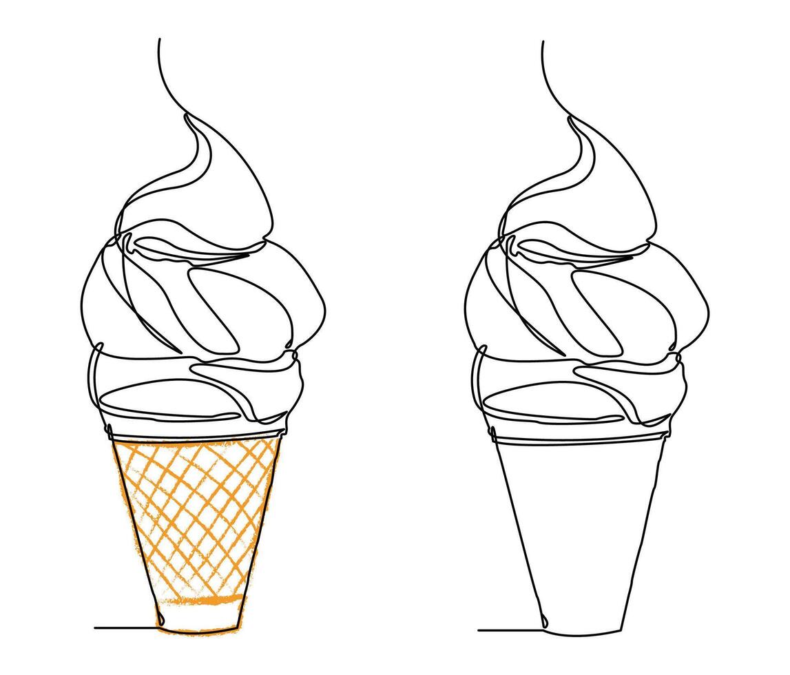 Minimalist continuous line drawing of soft serve ice cream. This elegant illustration features a clean hand-drawn style, perfect for modern packaging, summer-themed branding etc. vector