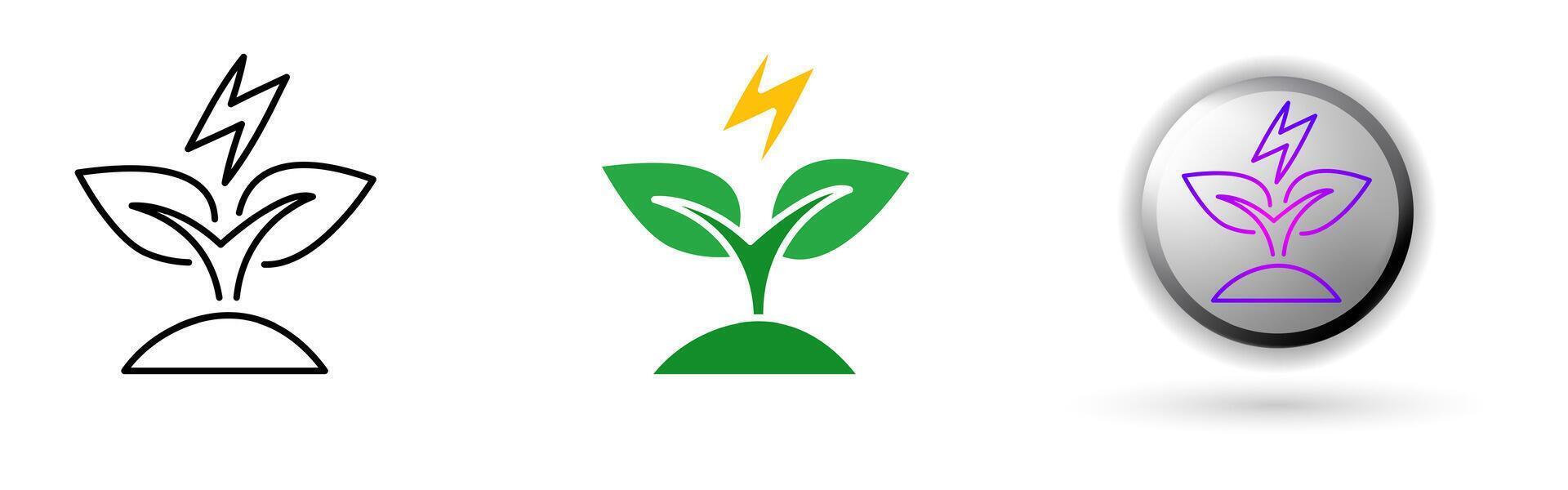 Green Energy icon collection illustrates environmental balance and renewable energy. This set includes three style variations, black outline, colored flat design, and modern gradient button icons. vector